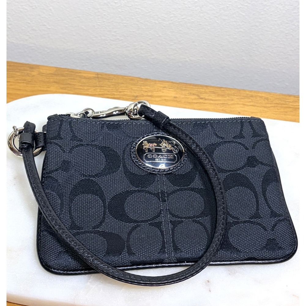 Coach Charcoal Black Signature C Jacquard Round Medallion Small Wristlet